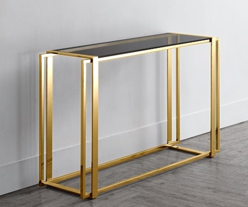 Nowoczesna konsola ze złotej stali nierdzewnej i grafitowego szkła 120x80x40