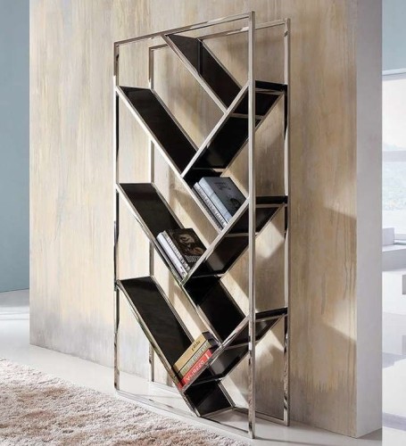 Designerski regał ze stali i szkła srebrno czarny 90x180x26
