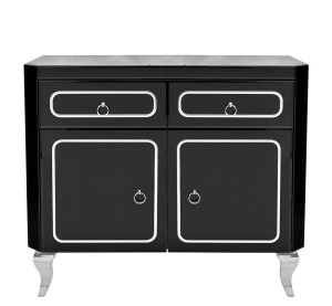 Komoda z czarnym szkłem i srebrnymi dodatkami