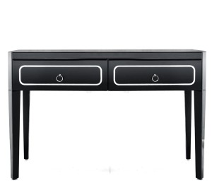 Konsola z czarnym szkłem i srebrnymi dodatkami 
