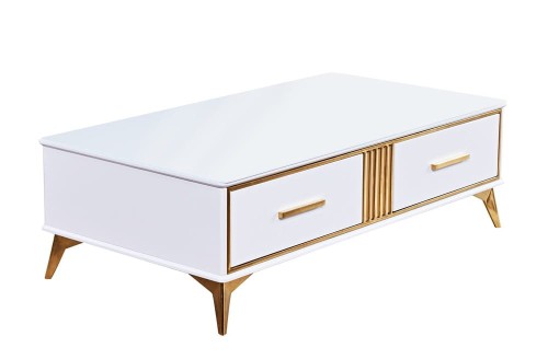 Elegancki biało złoty stolik kawowy ze szklanym blatem 130x41x70