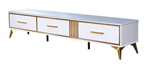 Elegancka biało złota szafka rtv ze szklanym blatem 200x40x41