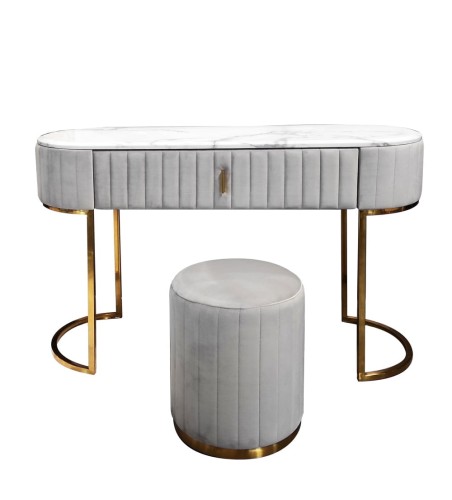 Szaro złota welurowa toaletka z pufą 120x40x82