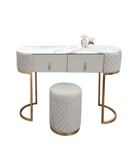 Szaro złota welurowa toaletka 2 szuflady z pufą 120x40x82