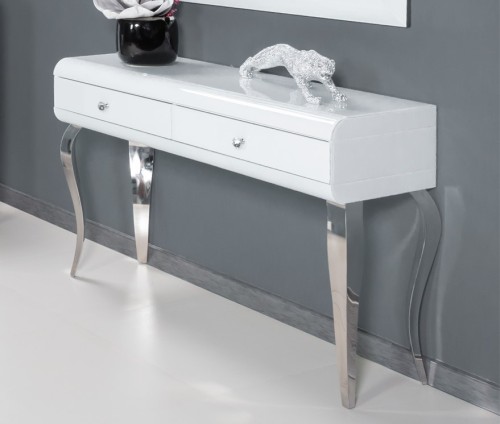 Biała szklana konsola- toaletka ze srebrnymi stylowymi nogami